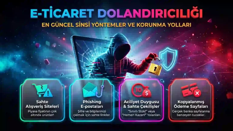 E-ticaret dolandırıcılığı mağduriyetlerinde izlenmesi gereken hukuki süreçleri, siber güvenliği ve tüketici haklarını temsil eden hukuki konsept.