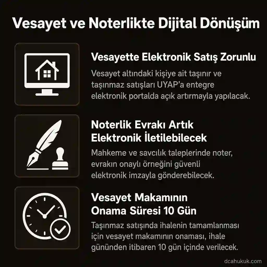 Vesayet kapsamında elektronik satış UYAP portalı, noterlik evrakının elektronik imzayla iletilmesi, vesayet makamı onama süresi 10 gün — 12. Yargı Paketi TMK ve Noterlik Kanunu değişiklikleri 2026