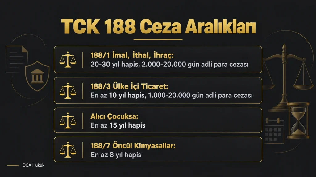 TCK 188 kapsamında imal, ithal ve ülke içi ticaret fiillerinin ceza aralıklarını gösteren bilgi kartı
