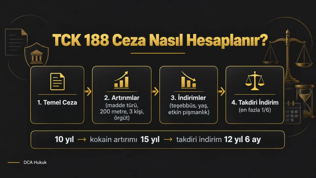 TCK 188'de temel ceza, artırım, indirim ve takdiri indirim sırasını gösteren akış şeması
