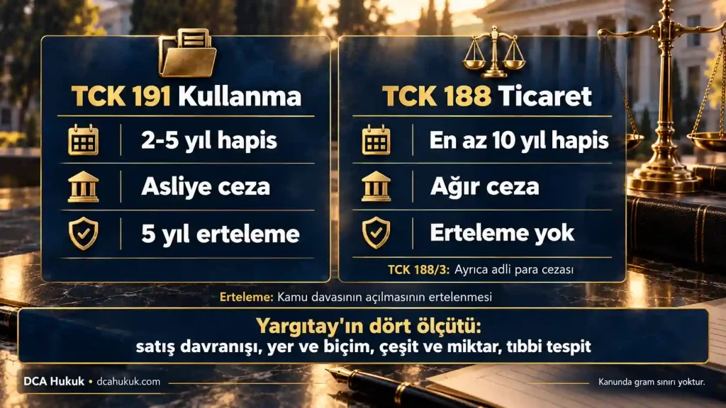 TCK 191 kullanma suçu ile TCK 188 ticaret suçu arasındaki farkı ve Yargıtay'ın dört ölçütünü gösteren karşılaştırma kartı