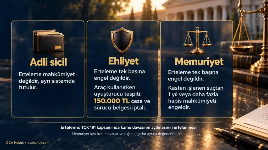 Uyuşturucu kullanma suçunda erteleme kararının adli sicil, ehliyet ve memuriyete etkisini özetleyen bilgi kartı