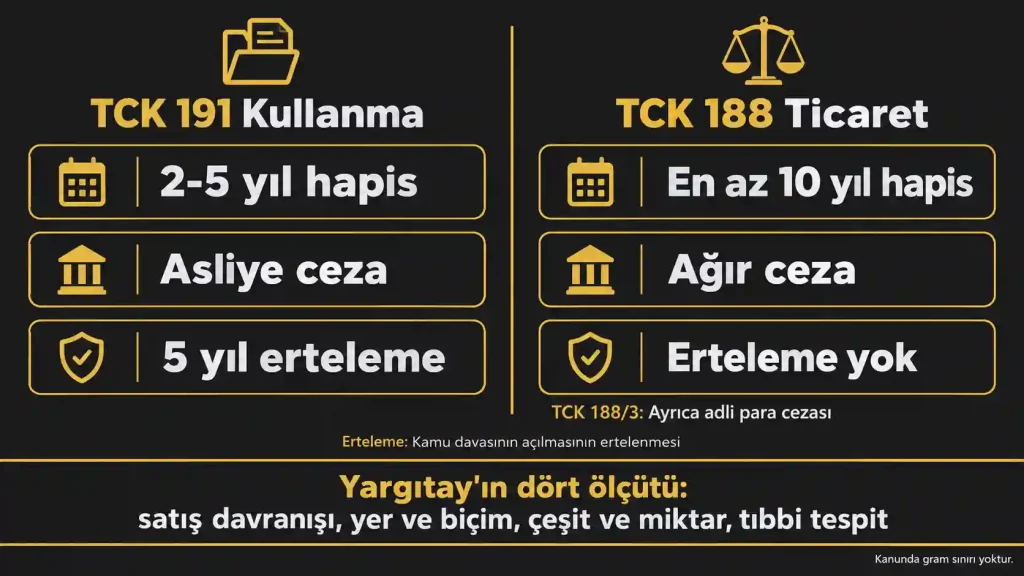 TCK 191 kullanma suçu ile TCK 188 ticaret suçunun ceza, mahkeme ve erteleme farkını gösteren karşılaştırma tablosu